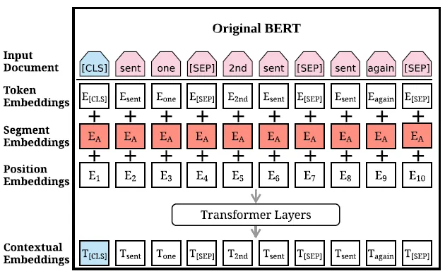 原始 BERT 的輸入架構圖：token、segment、position 三種 embedding 相加後送入 Transformer layers